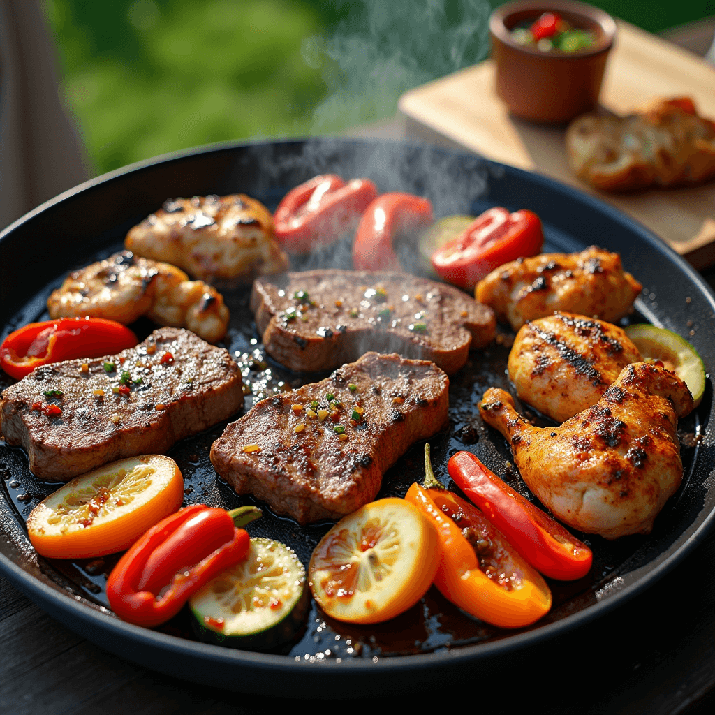 Top 5 Blackstone Recipes for Quick and Delicious Family Meals featuring griddle-cooked dishes like burgers, pancakes, stir-fry, and grilled veggies