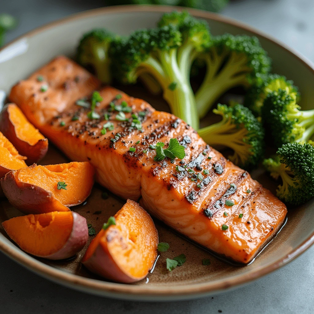 est AIP recipes featuring grilled salmon, sweet potatoes, and brocco