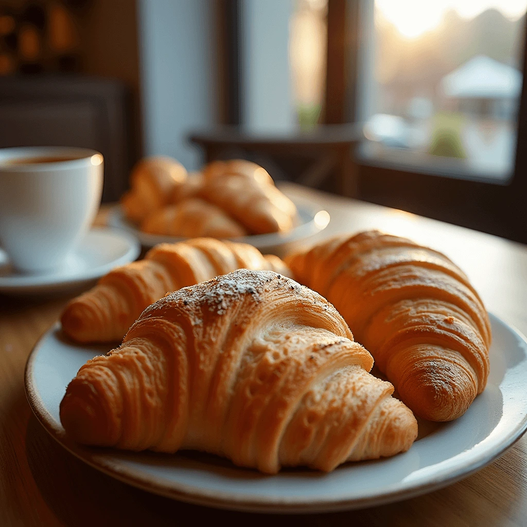 Freshly baked Swiss Gipfeli on a wooden table, served with coffee, showcasing its golden-brown flaky texture next to a croissant
