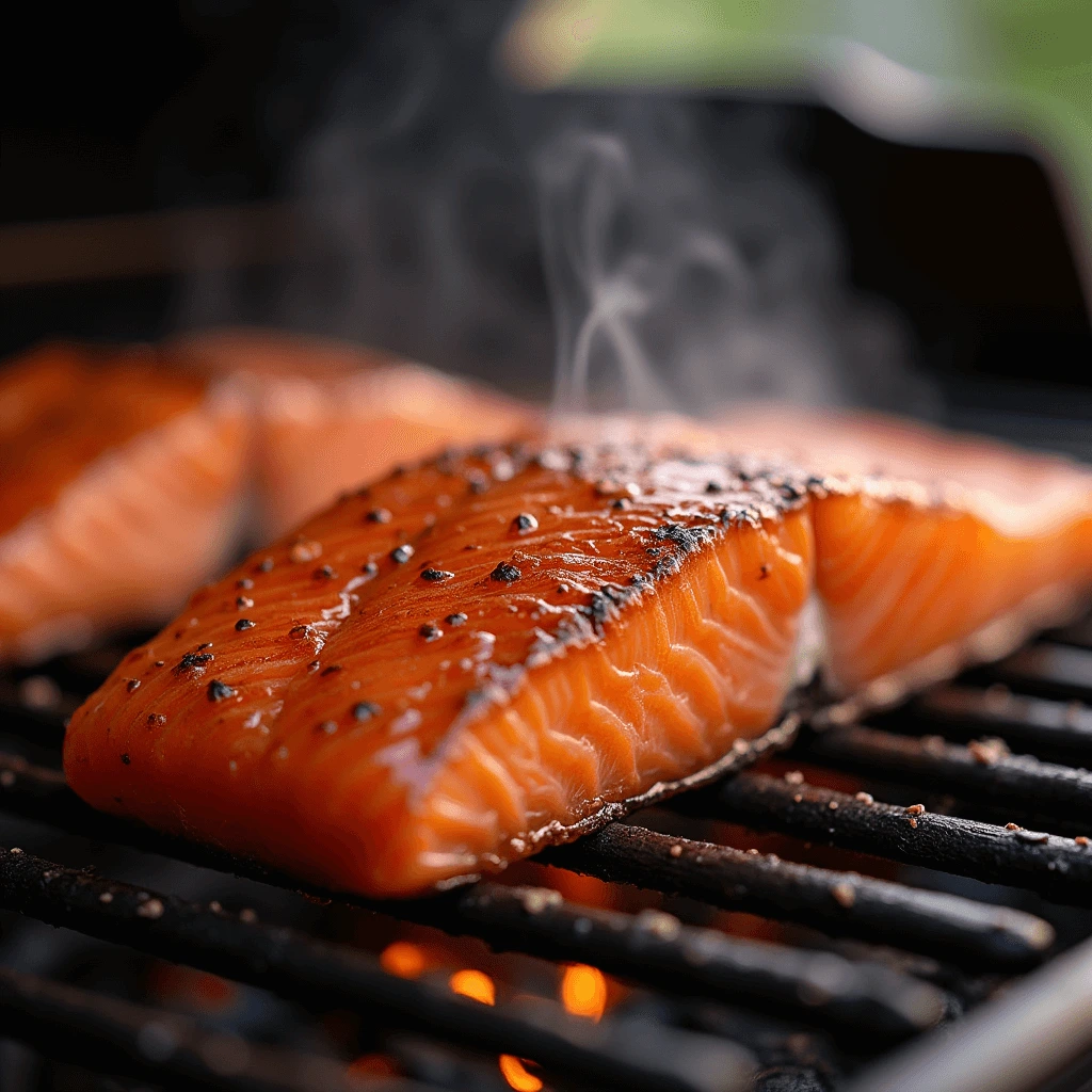 Perfectly smoked Traeger salmon fillet fresh off the grill with a maple glaze