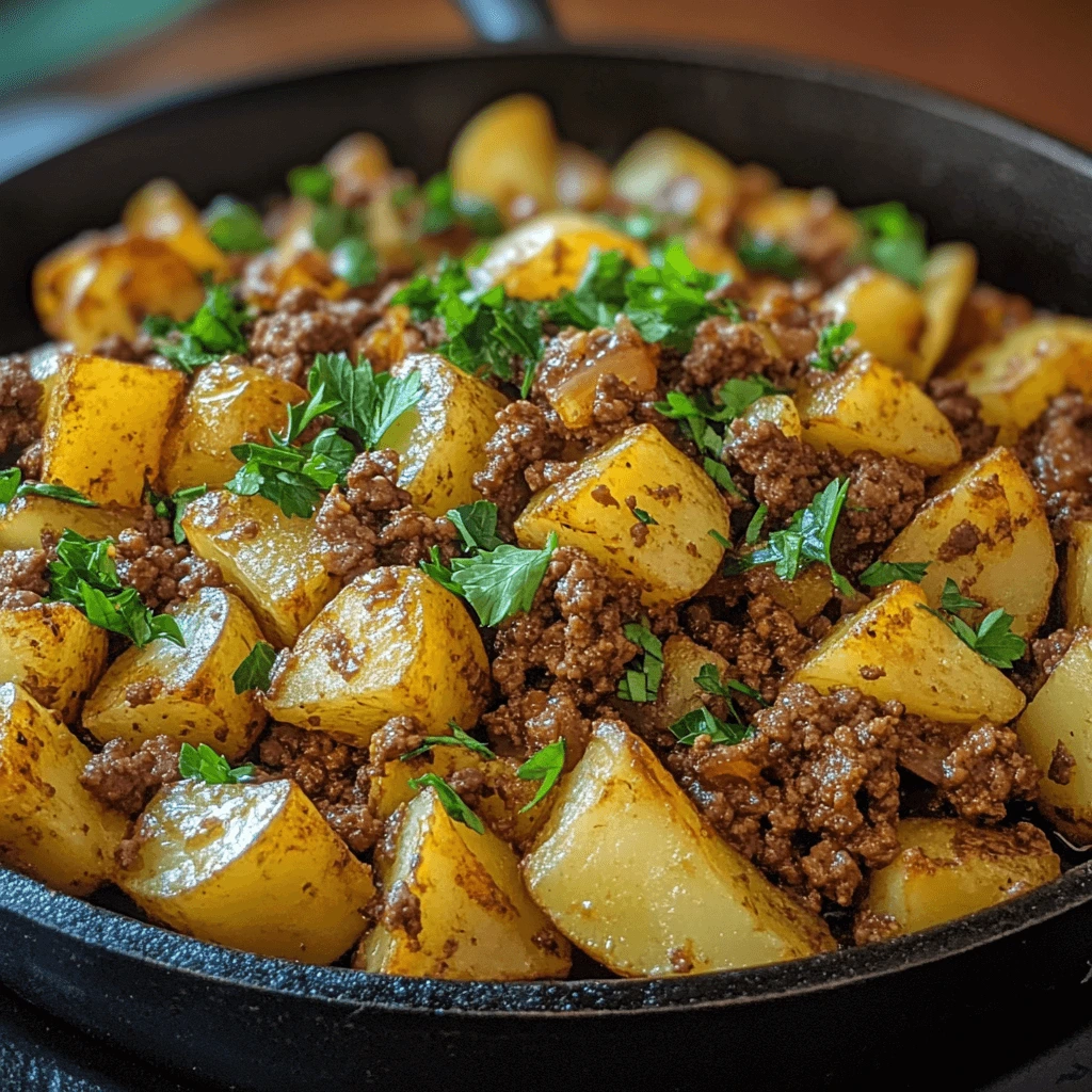 Ground beef with potatoes in a skillet, garnished with parsley