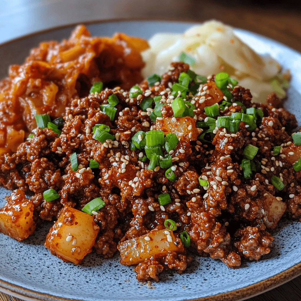 Korean ground beef cooking in a skillet with soy sauce and garlic