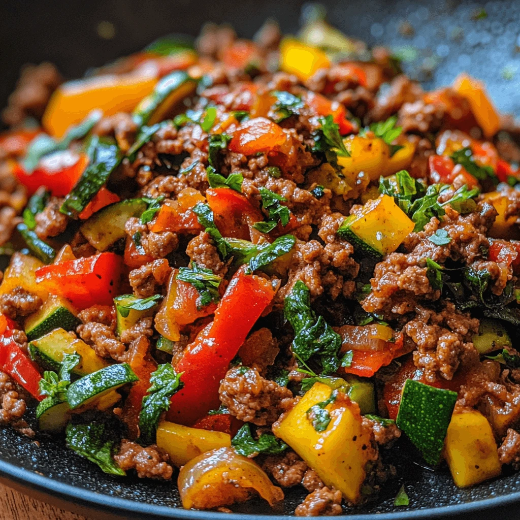 Healthy ground beef recipe with fresh vegetables in a skillet