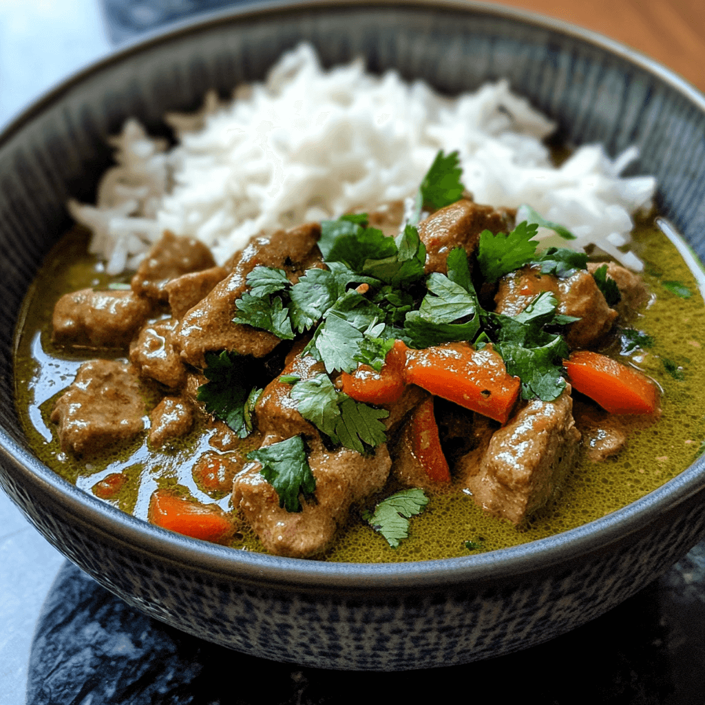 Authentic Thai green curry with chicken, Thai basil, and jasmine rice served in a white bowl