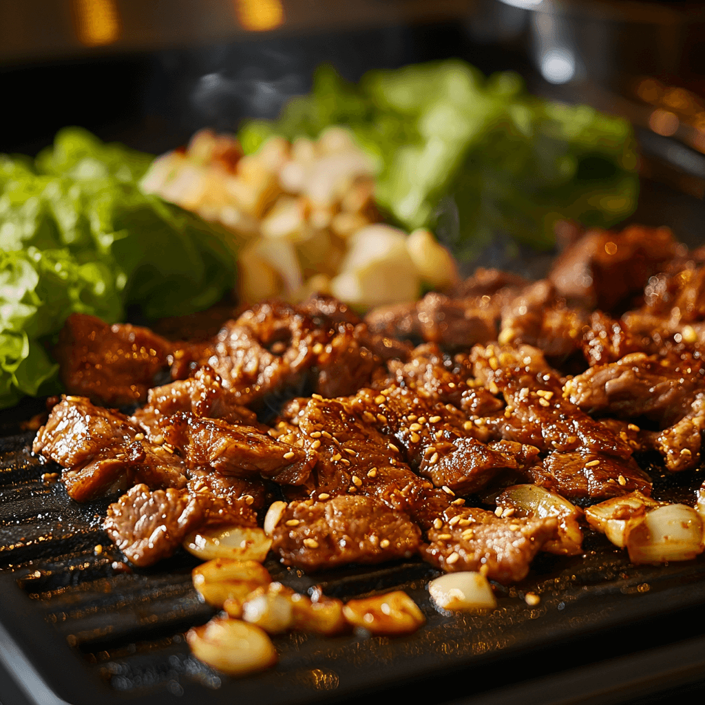 Korean BBQ grill with bulgogi and side dishes