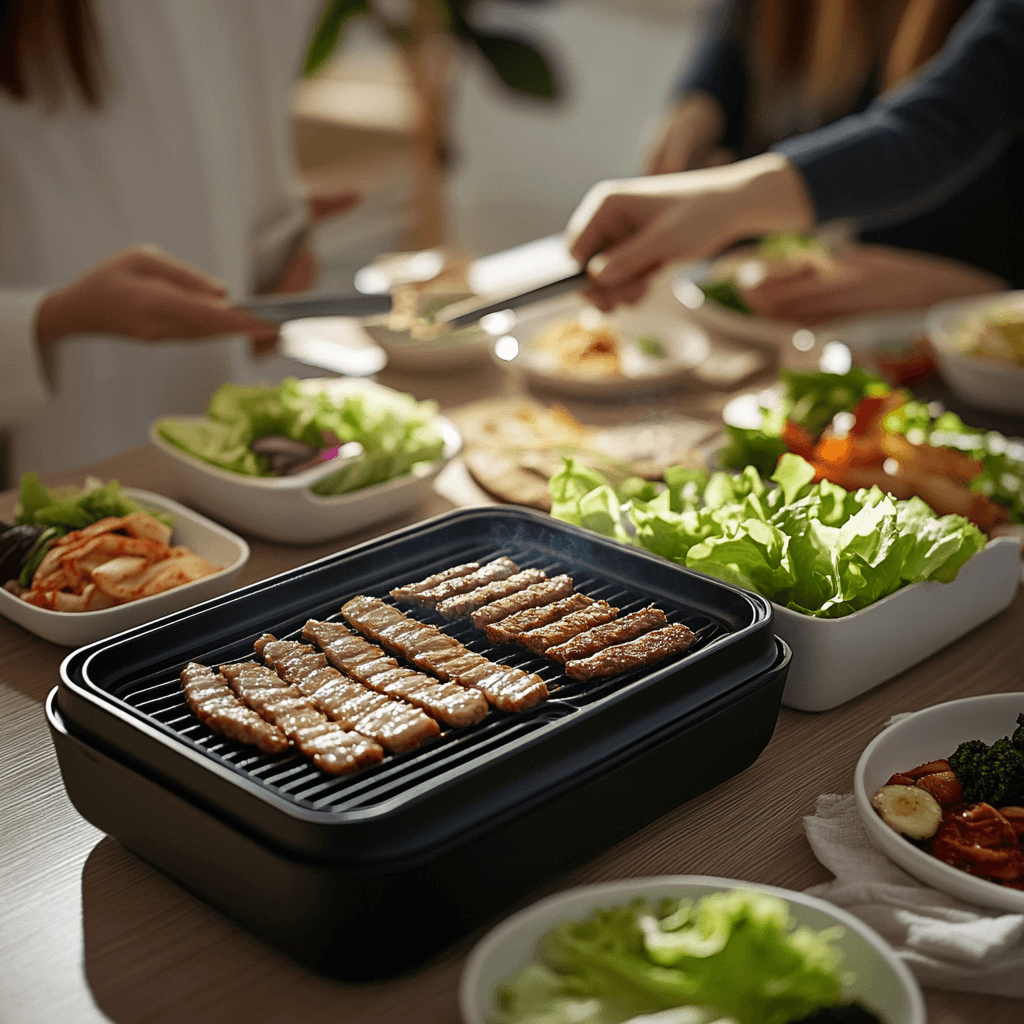 Korean BBQ grill with bulgogi and side dishes