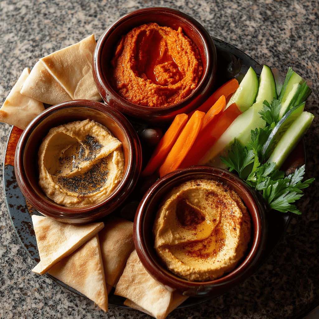 Mediterranean mezze platter with dips, vegetables, and pita wedges