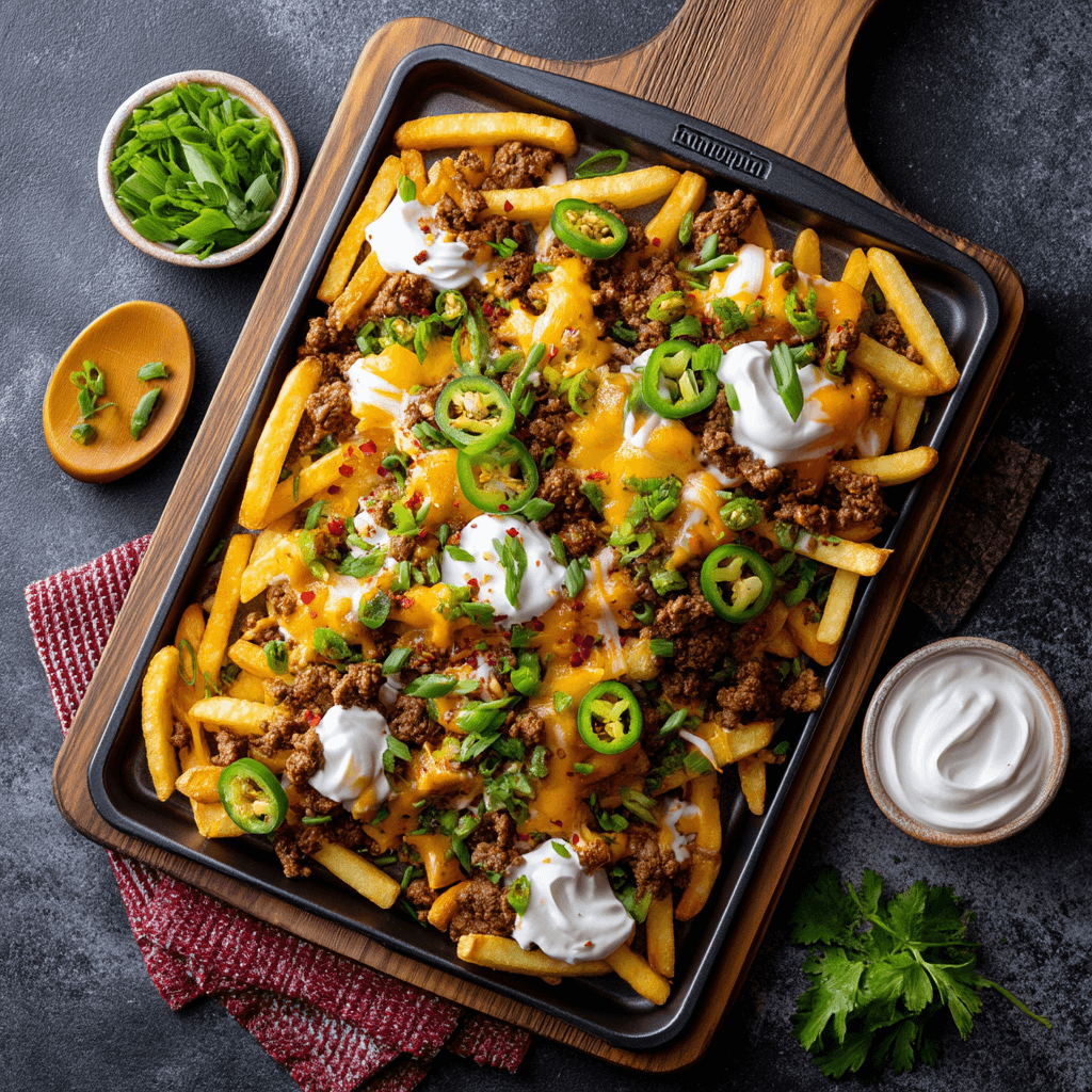 Cheesy loaded fries with beef and jalapeños