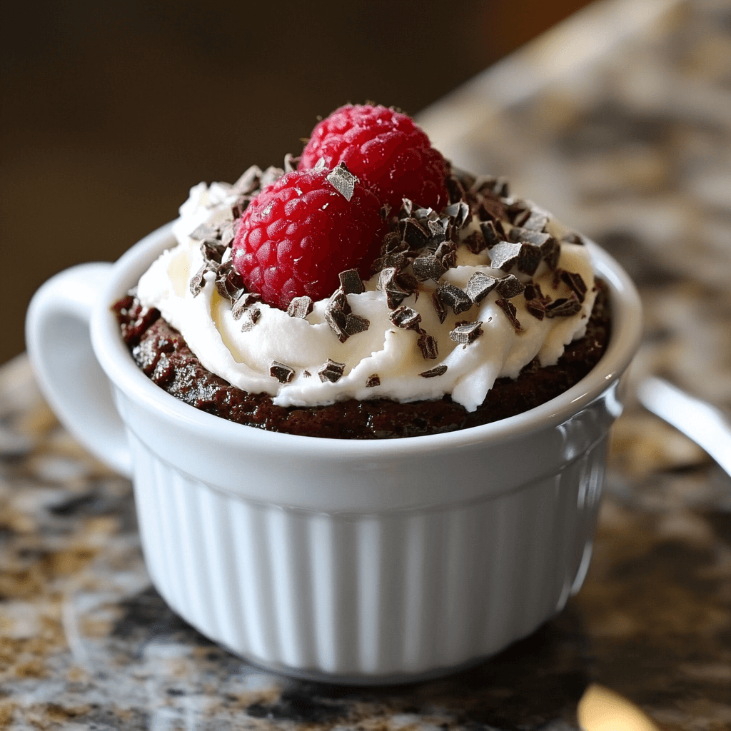 A rich and gooey quick chocolate mug cake served warm in a ceramic mug, topped with whipped cream and chocolate shavings – ready in under 5 minutes.