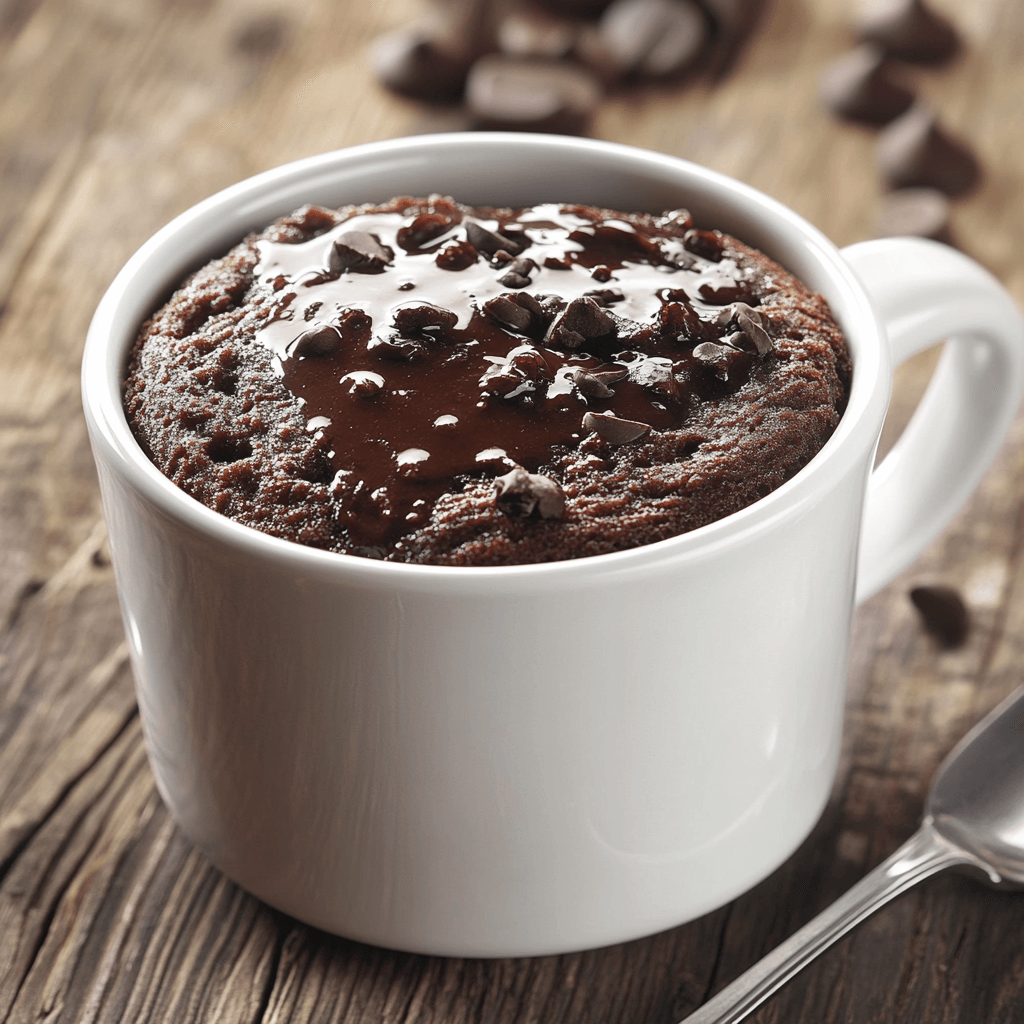 A rich and gooey quick chocolate mug cake served warm in a ceramic mug, topped with whipped cream and chocolate shavings – ready in under 5 minutes.