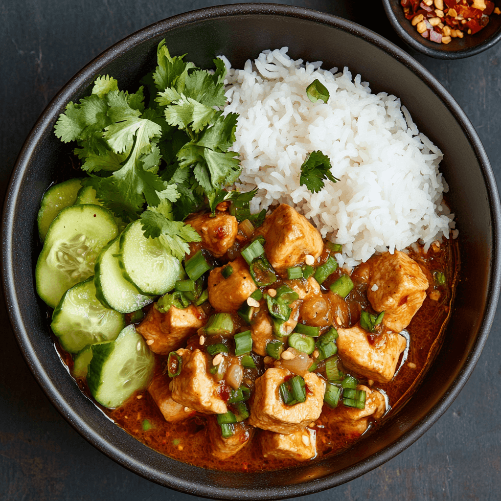 Authentic Thai green curry with chicken, Thai basil, and jasmine rice served in a white bowl