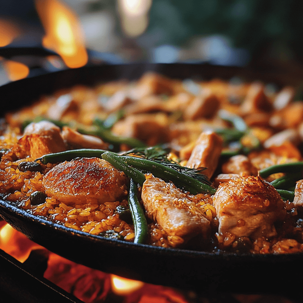 Traditional Spanish Paella Valenciana with chicken and rabbit