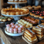 French desserts displayed on a wooden buffet table