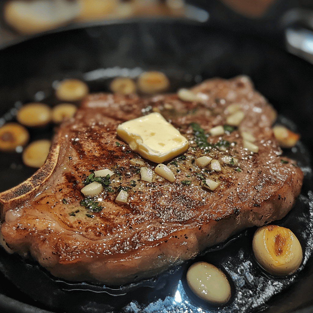 ribeye steak close-up medium-rare with seared crust