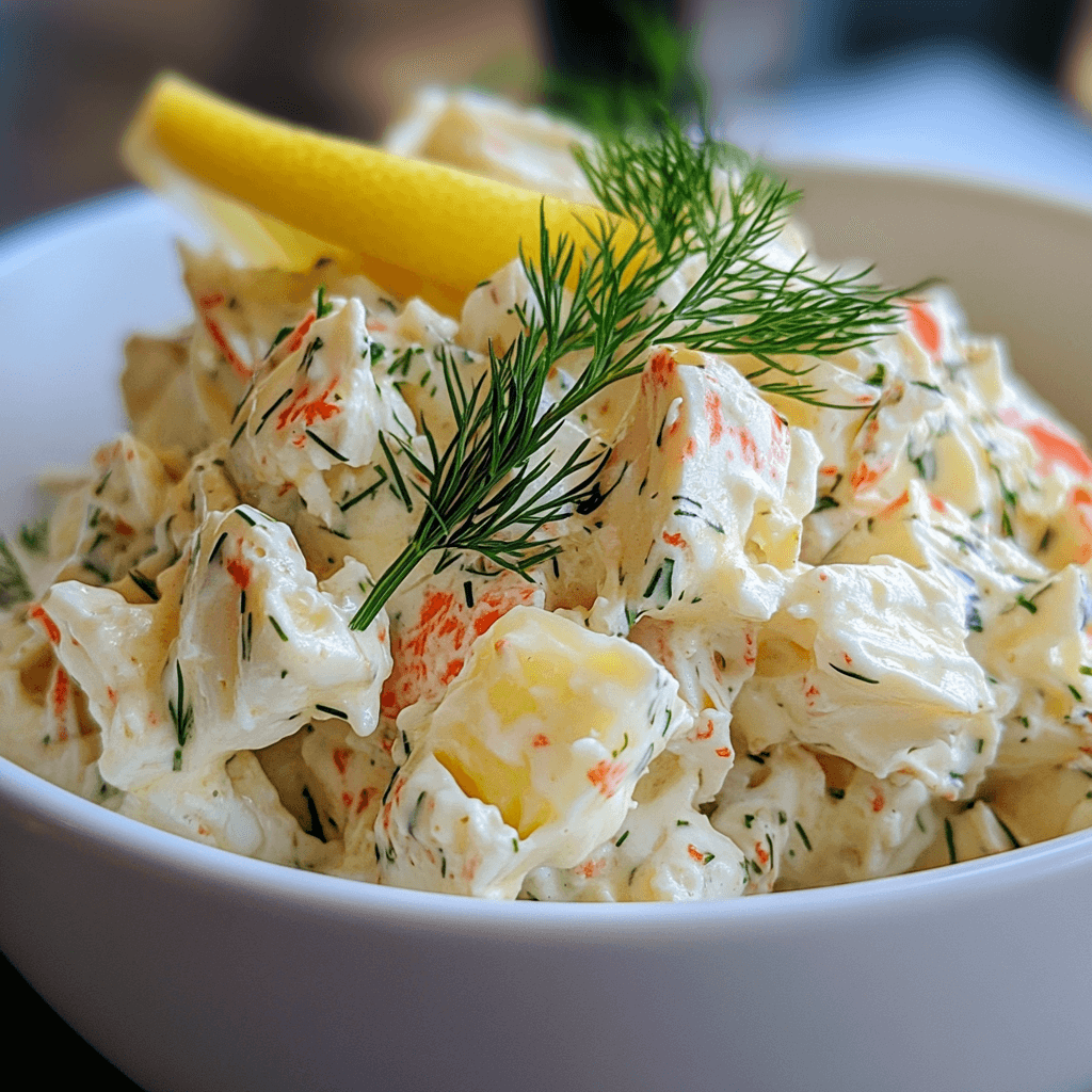 Fresh creamy crab salad recipe in bowl