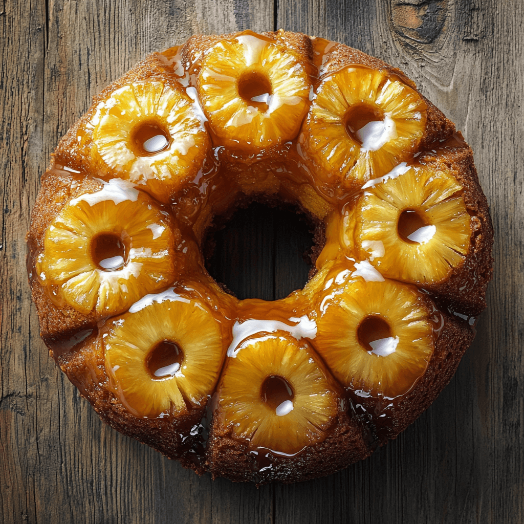 Close-up of pineapple upside-down Bundt cake with caramelized topping