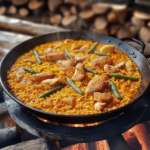 Traditional Spanish Paella Valenciana with chicken and rabbit