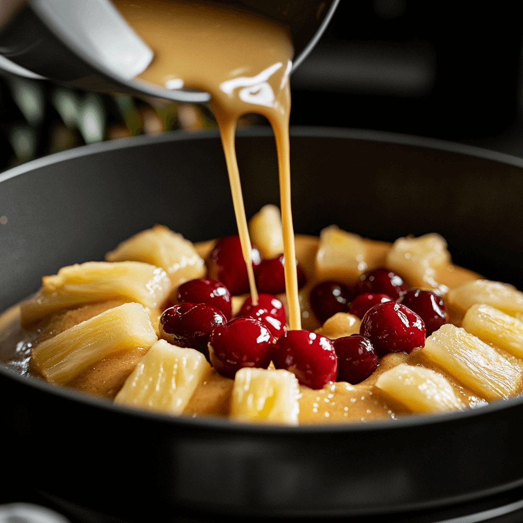 Close-up of pineapple upside-down Bundt cake with caramelized topping