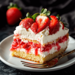 Moist slice of Strawberry Poke Cake with whipped topping and strawberries