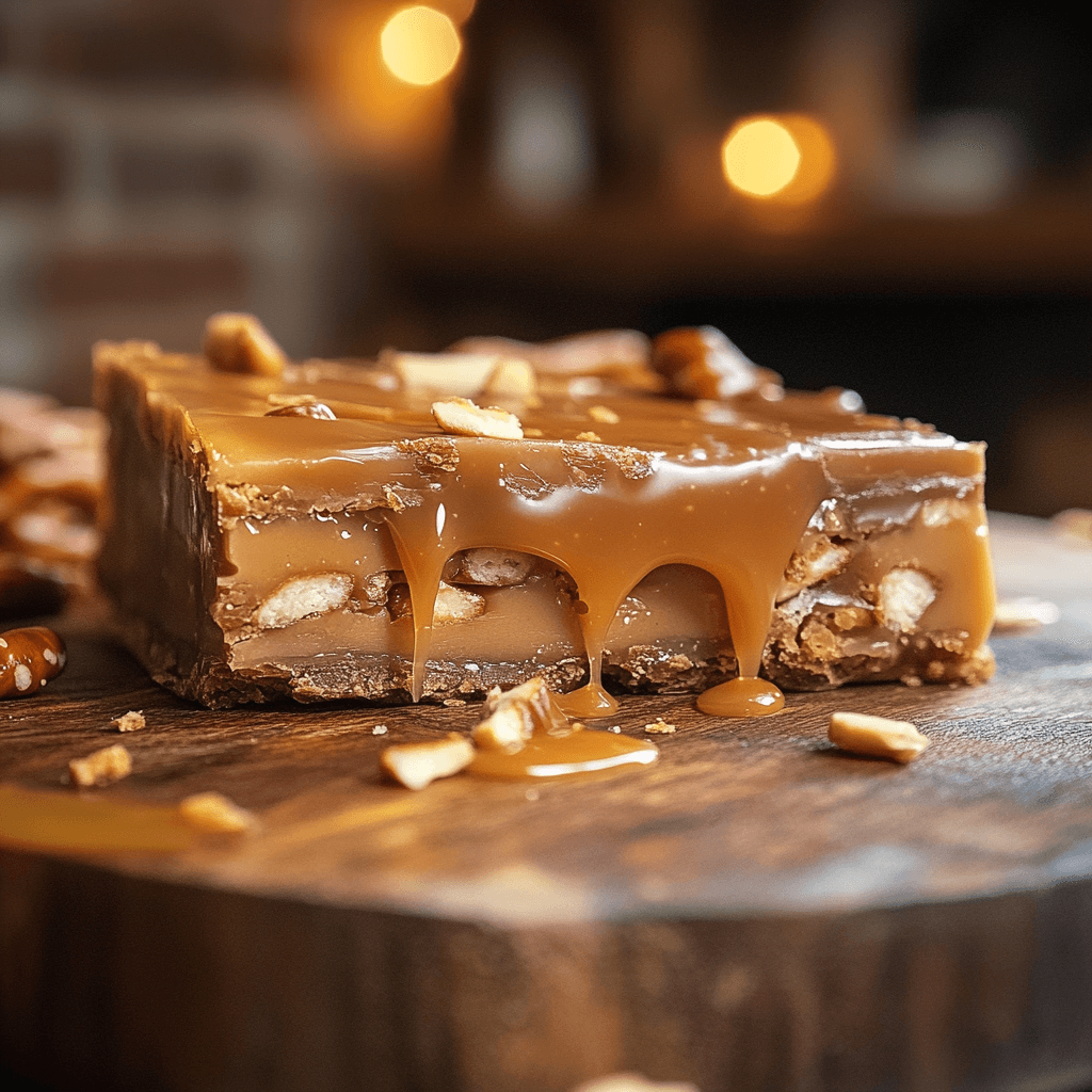 Gooey peanut butter pretzel caramel bars sliced on board