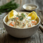 Fresh creamy crab salad recipe in bowl