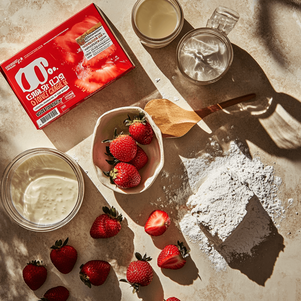 Moist slice of Strawberry Poke Cake with whipped topping and strawberries