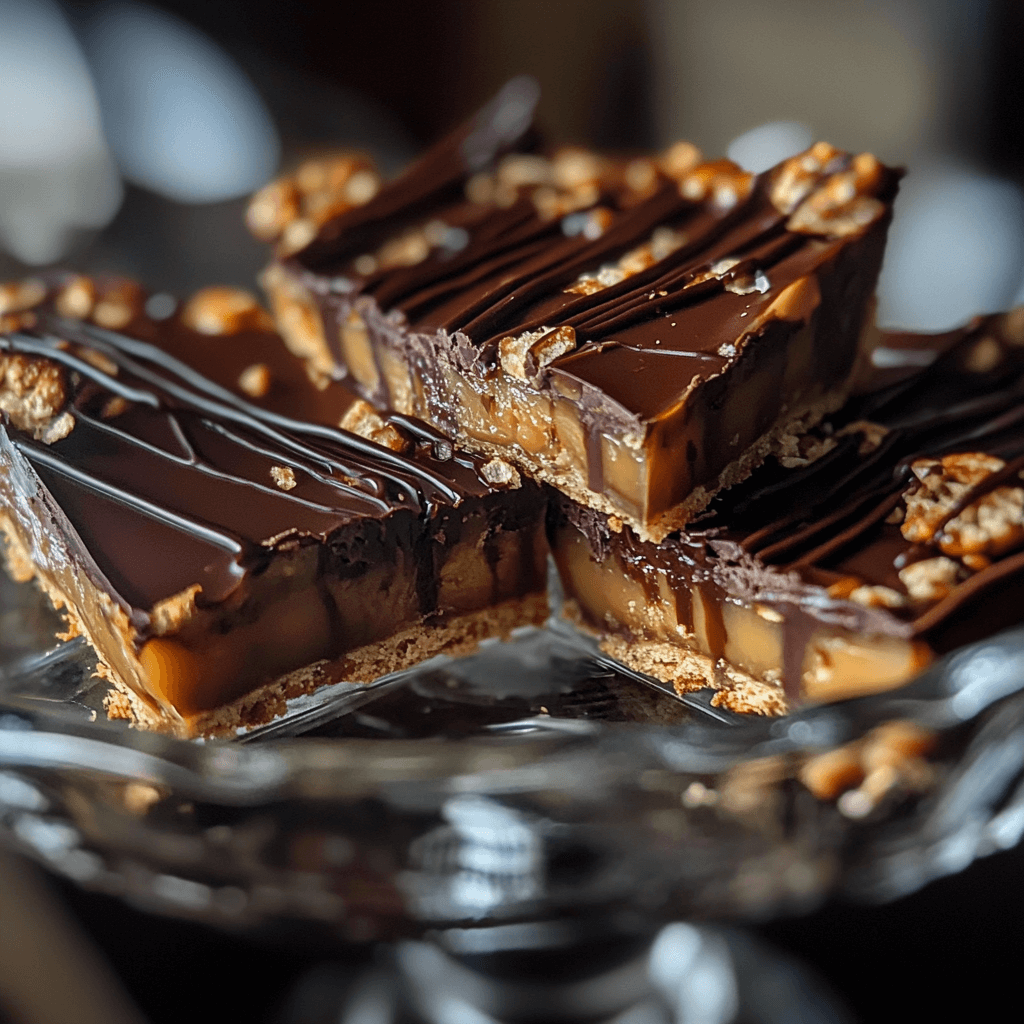 Gooey peanut butter pretzel caramel bars sliced on board