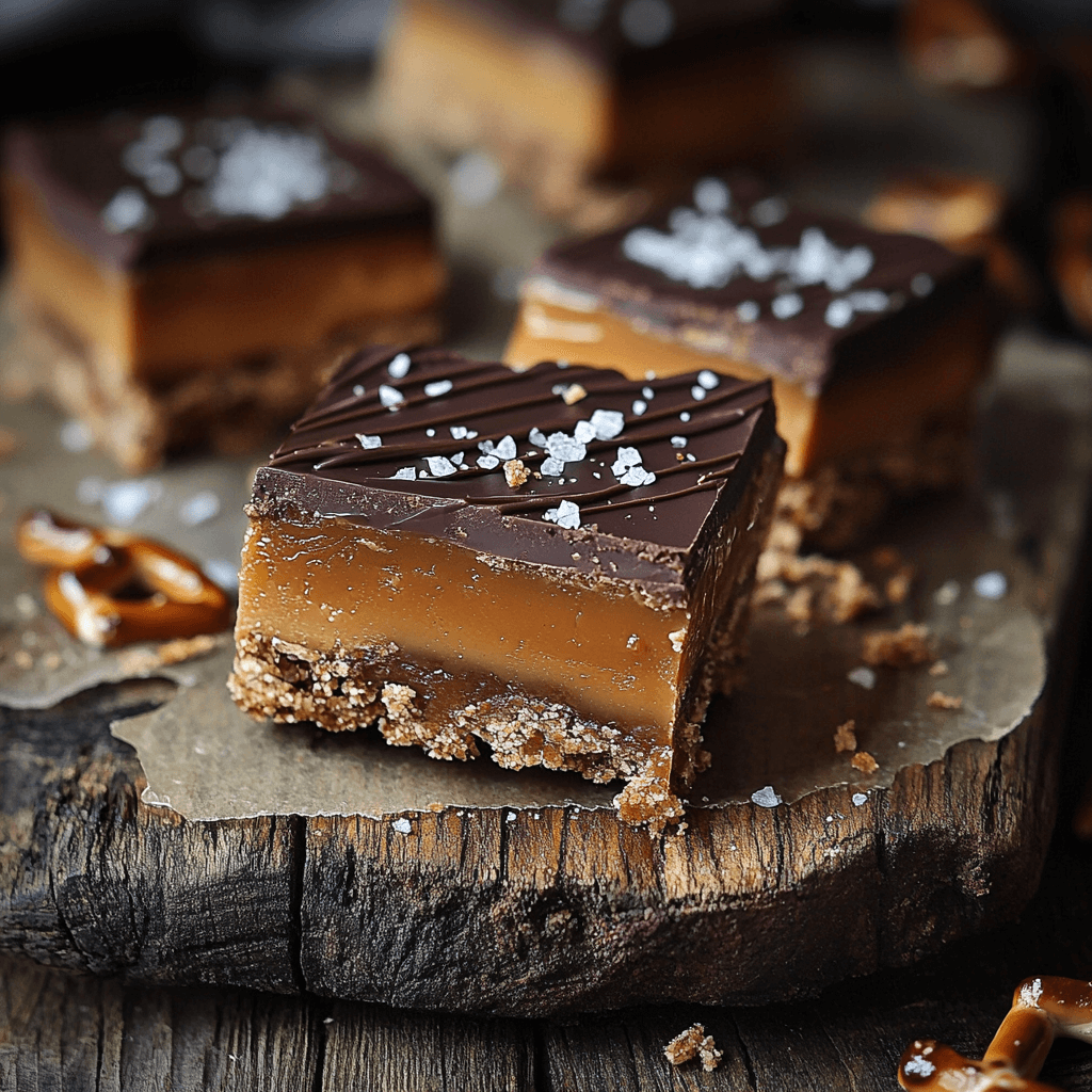 Gooey peanut butter pretzel caramel bars sliced on board