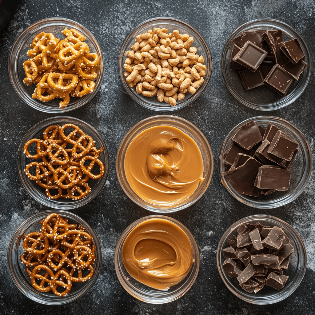 Gooey peanut butter pretzel caramel bars sliced on board
