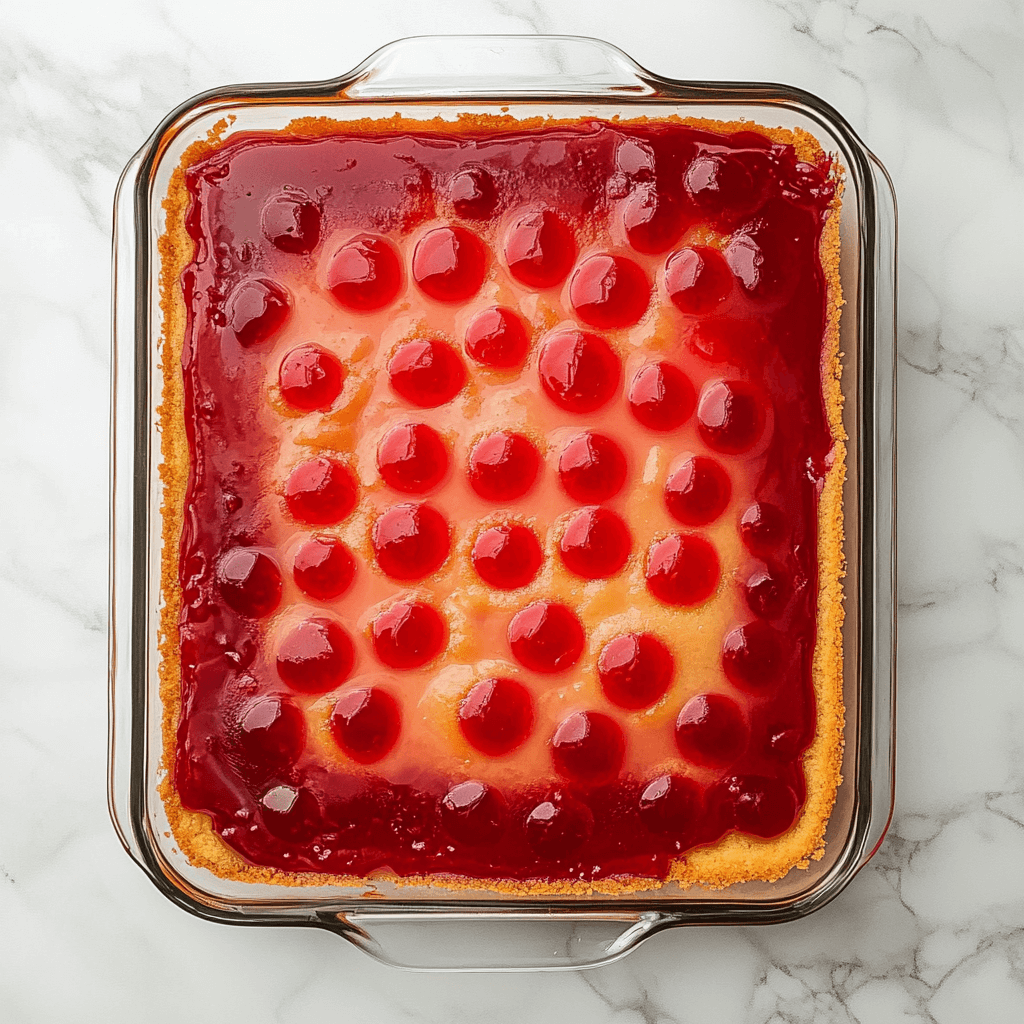 Moist slice of Strawberry Poke Cake with whipped topping and strawberries