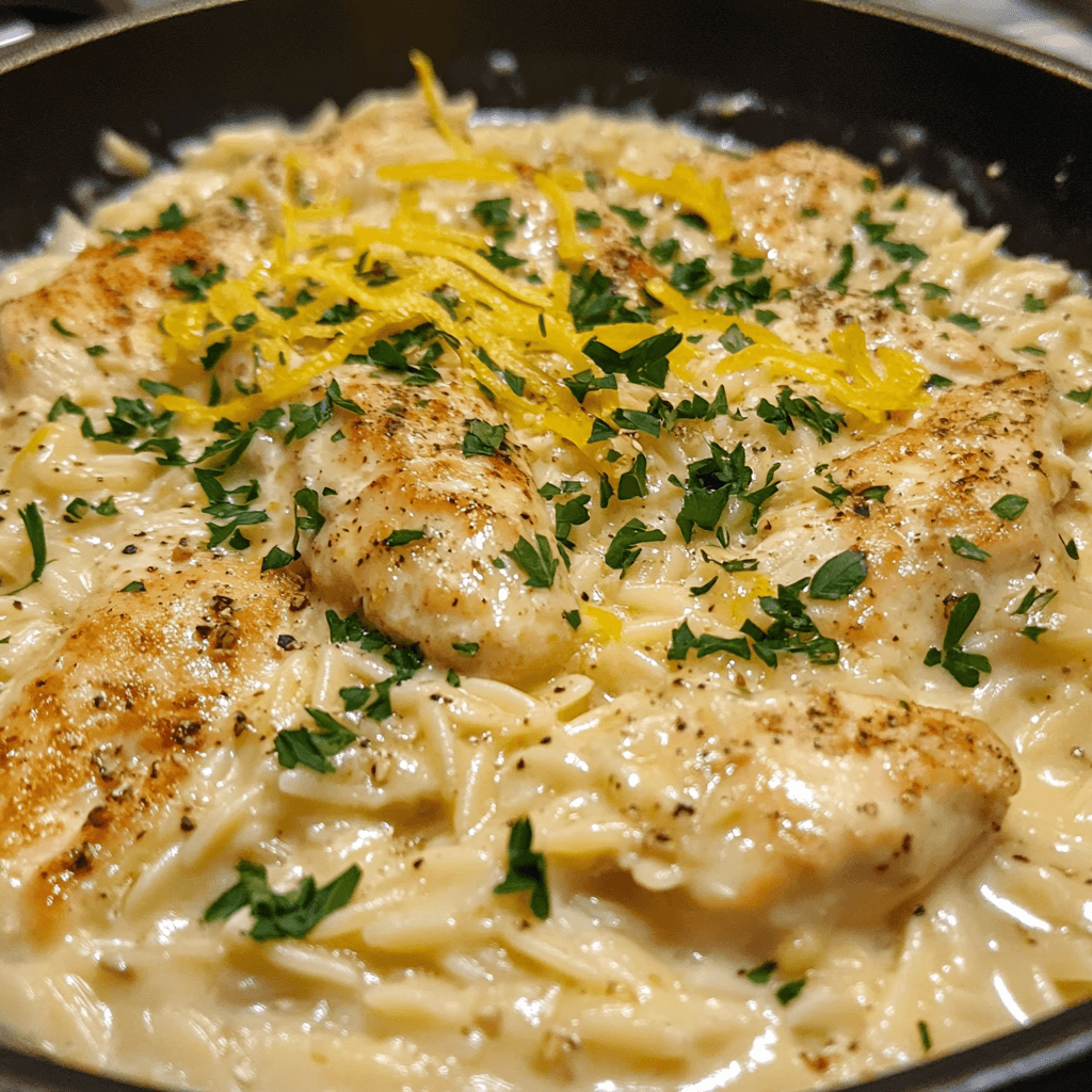 creamy lemon chicken orzo in a skillet with fresh herbs