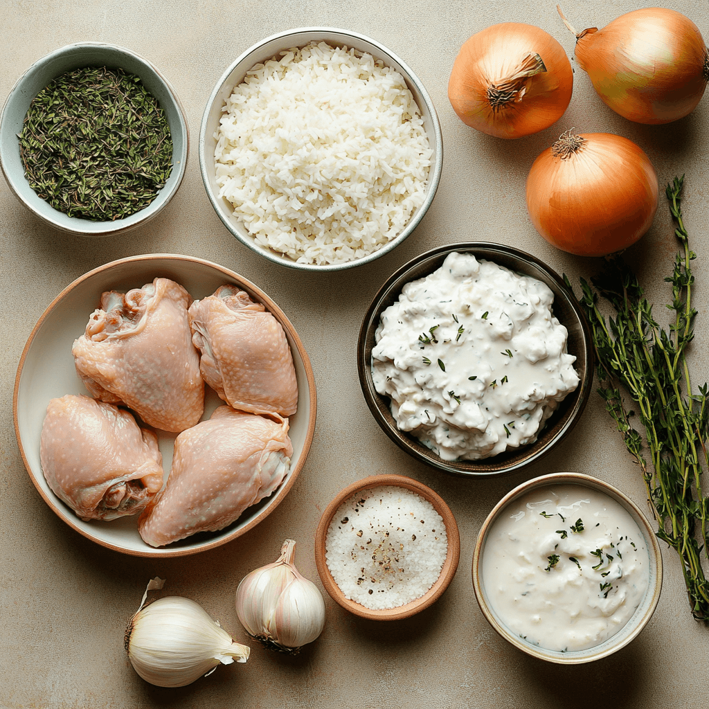 Creamy Smothered Chicken and Rice on rustic plate
