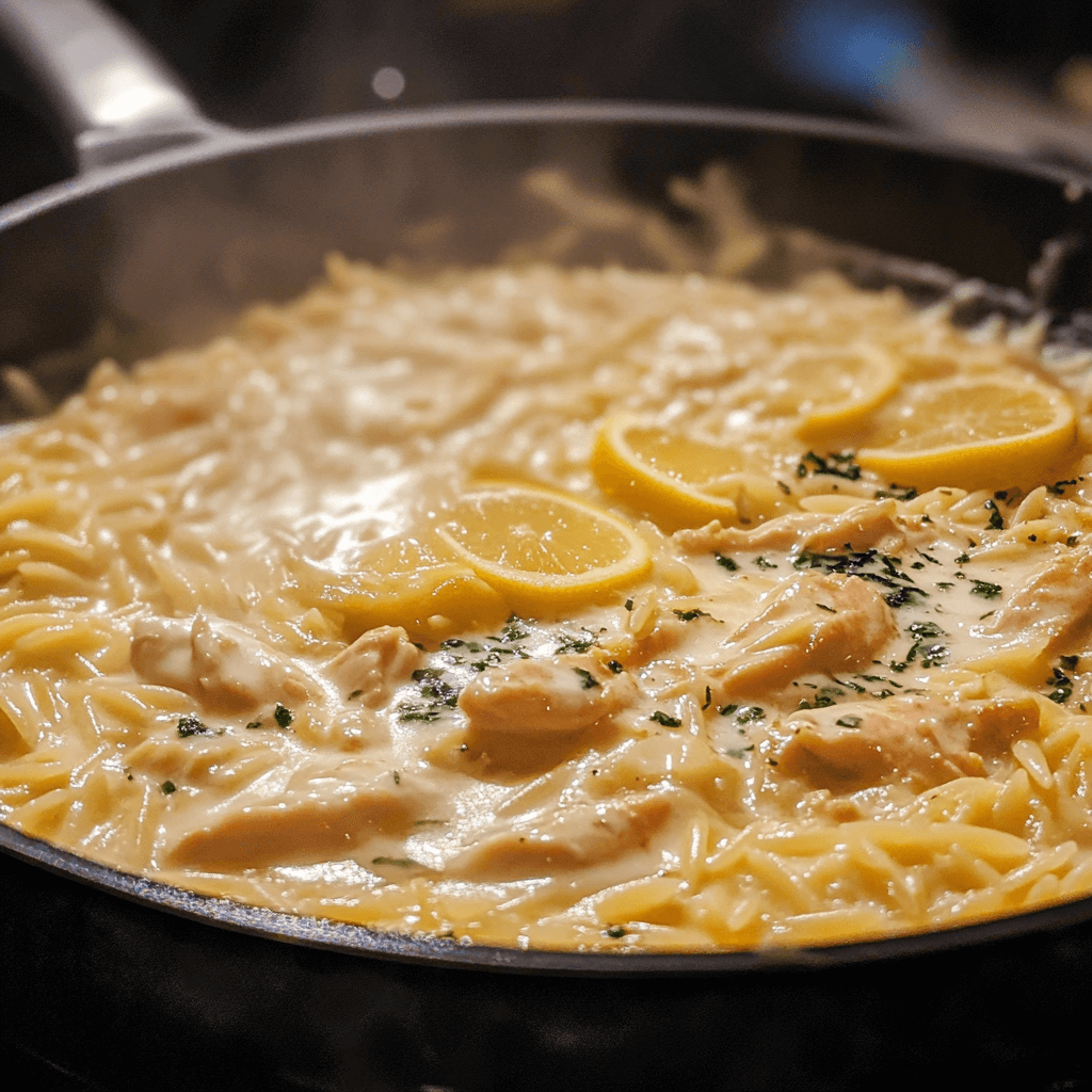creamy lemon chicken orzo in a skillet with fresh herbs