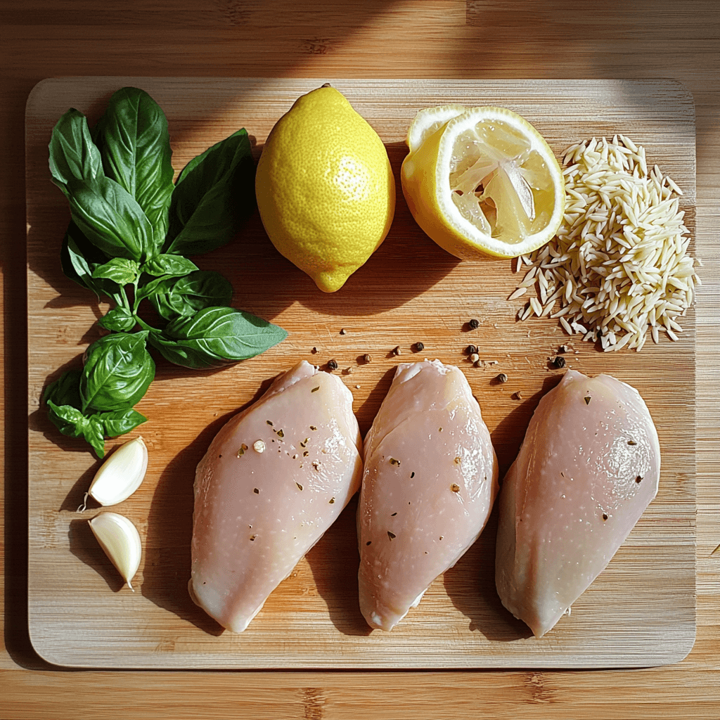 creamy lemon chicken orzo in a skillet with fresh herbs